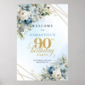 ソフトな水彩ブルーの花 金のフレーム 90歳の誕 ポスター (正面)