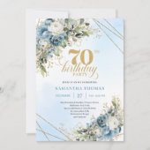 ソフトな水彩ブルーの花 金の70歳の誕生日 招待状 (正面)