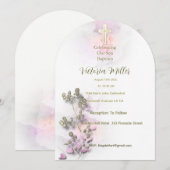 ソフトな水彩画とゴールドのクロス 洗礼招待状 招待状 (正面/裏面)