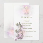 ソフトな水彩画とゴールドのクロス 洗礼招待状 招待状 (正面/裏面)