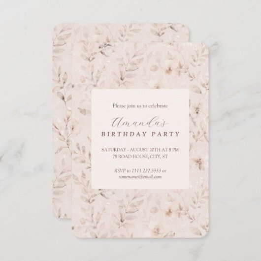 ソフトな水彩花のニュートラルベージュの招待状 招待状 (正面/裏面)