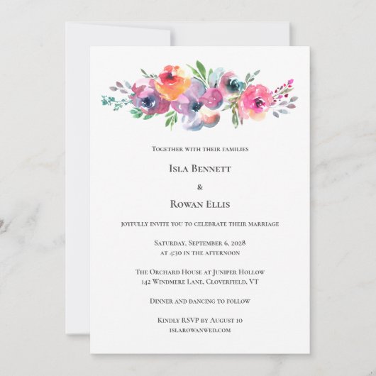 ソフトな水彩花のモダンでエレガントなウェディング 招待状 (正面)