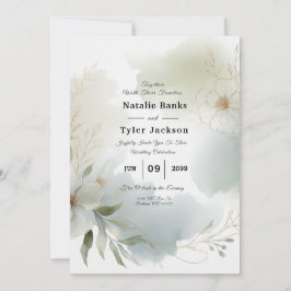 ソフトな水彩花柄の淡い緑の結婚式 招待状