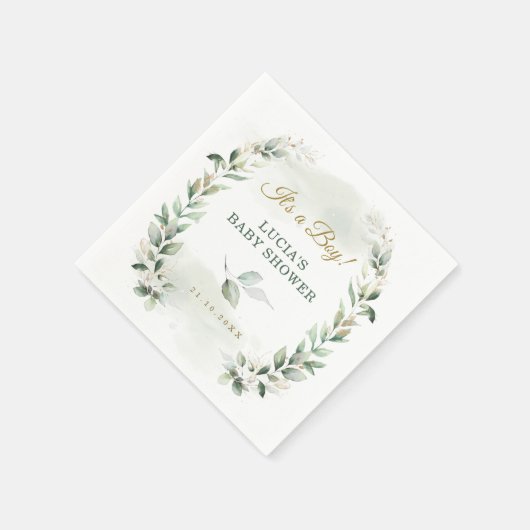 ソフトな葉のグリーンゴールドのリース ベビーシャワー スタンダードカクテルナプキン (角)