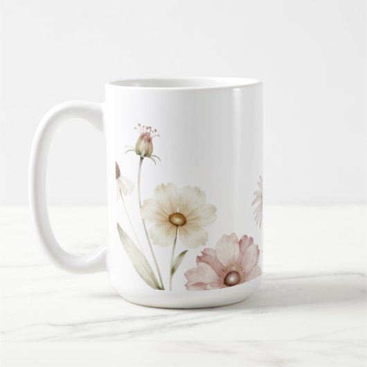 ソフトな野の花のボーダー 水彩背景 コーヒーマグカップ (左)