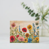 ソフトな風合いのレトロな木地に描かれたポピーと野の花 ポストカード (スタンド正面)
