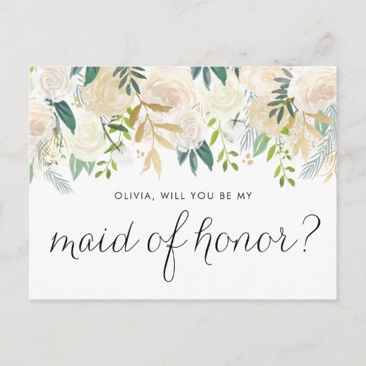ソフトアイボリーフローラガーランドビーメイド・オブ・オーナー(花嫁付き添い人) インビテーションポストカード (正面)