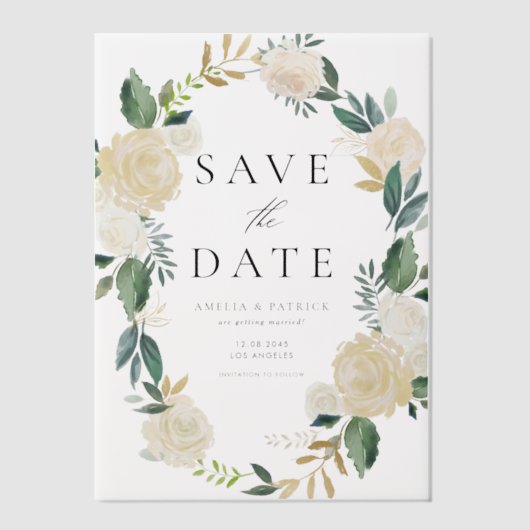 ソフトアイボリーフローラリース緑の日を保存 ベラム紙招待状 (正面)