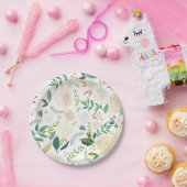 ソフトアイボリーフローラル柄と緑の白 ペーパープレート (パーティー)