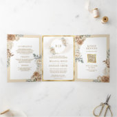ソフトアイボリーベージュフローラ金ゴールド結婚すべて 三つ折り招待状 (内部)