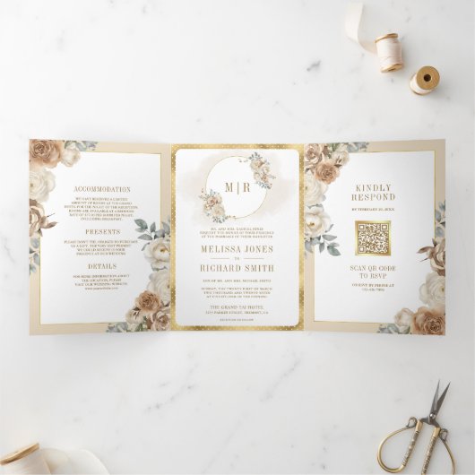 ソフトアイボリーベージュフローラ金ゴールド結婚すべて 三つ折り招待状 (内部)