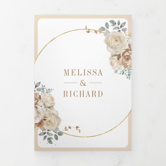 ソフトアイボリーベージュフローラ金ゴールド結婚すべて 三つ折り招待状 (カバー)