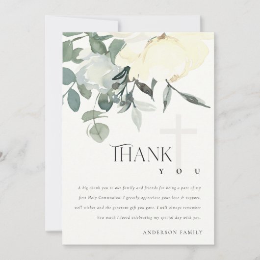 ソフトアイボリーホワイトアクアフローラファーストホーリーコミュニオン サンキューカード (正面)