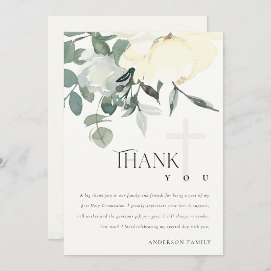 ソフトアイボリーホワイトアクアフローラファーストホーリーコミュニオン サンキューカード (正面/裏面)
