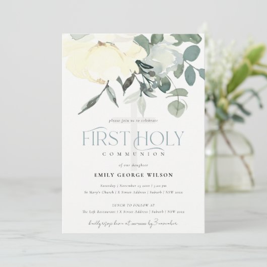 ソフトアイボリーホワイトアクアフローラファーストホーリーコミュニオン 招待状 (スタンド正面)