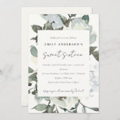 ソフトアイボリーホワイトフローラバンチスウィート16誕生日 招待状 (正面/裏面)