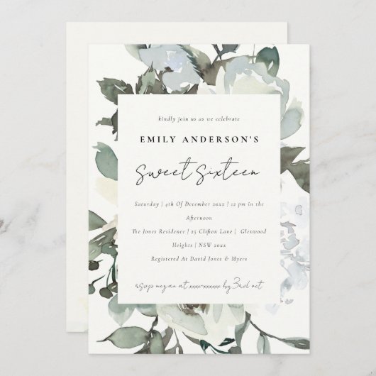 ソフトアイボリーホワイトフローラバンチスウィート16誕生日 招待状 (正面/裏面)