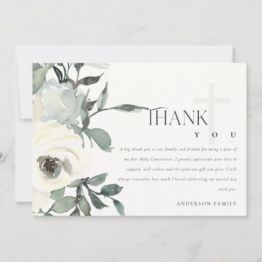 ソフトアイボリーホワイトフローラバンチファースト聖餐式 サンキューカード (正面)