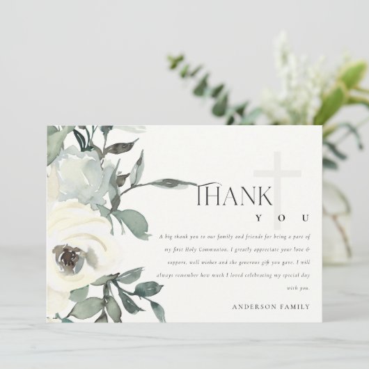 ソフトアイボリーホワイトフローラバンチファースト聖餐式 サンキューカード (スタンド正面)