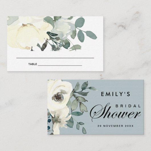 ソフトアイボリー白フローラブライダルシャワー座席表 名刺 (正面/裏面)