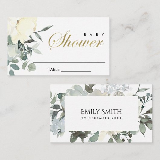 ソフトアイボリー白フローラ水彩乳房シャワー プレイスカード (正面/裏面)