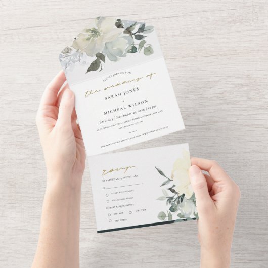 ソフトアイボリー白フローラ水彩束結婚類 オールインワン招待状 (貼ってはがせる)