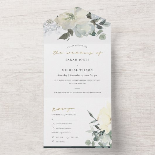 ソフトアイボリー白フローラ水彩束結婚類 オールインワン招待状 (内側)