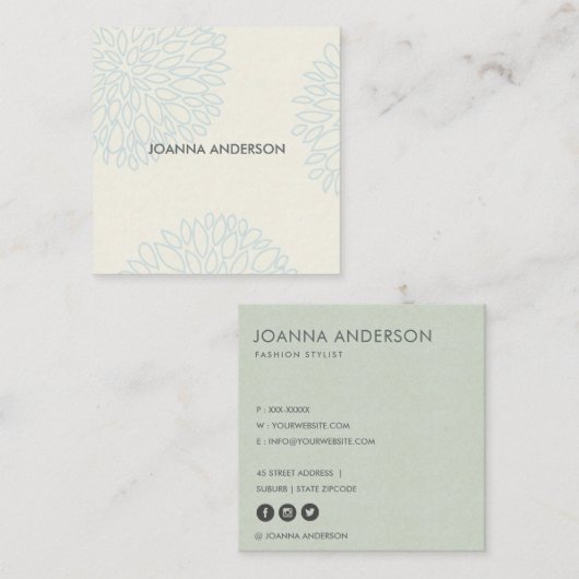 ソフトアエレガントアミニマルブルーフローラパーソナライズされた スクエア名刺 (正面/裏面)