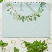 ソフトアクアブルーリース茎葉水彩モノグラム キッチンタオル (折り畳み)