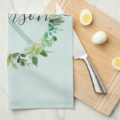 ソフトアクアブルーリース茎葉水彩モノグラム キッチンタオル (四つ折り)