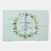 ソフトアクアブルーリース茎葉水彩モノグラム キッチンタオル (横)