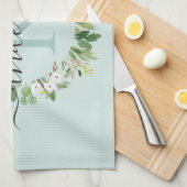 ソフトアクアブルーリース葉水彩モノグラム キッチンタオル (四つ折り)