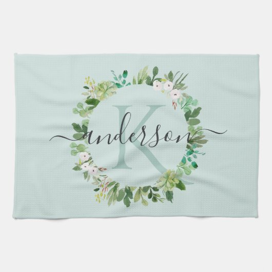 ソフトアクアブルーリース葉水彩モノグラム キッチンタオル (横)