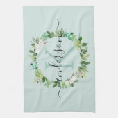 ソフトアクアブルーリース葉水彩モノグラム キッチンタオル (縦)