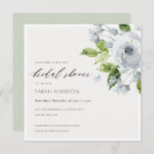 ソフトアクアブルー水彩フローラブライダルシャワー 招待状 (正面/裏面)