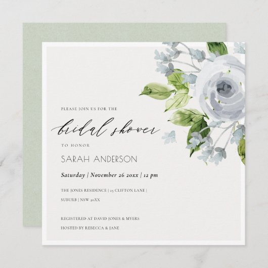 ソフトアクアブルー水彩フローラブライダルシャワー 招待状 (正面/裏面)