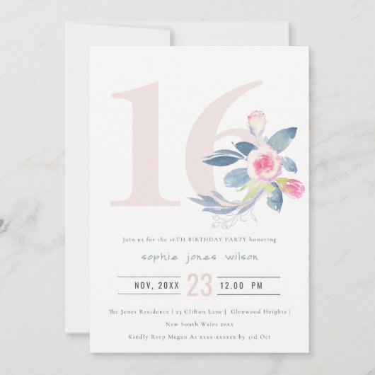 ソフトアクア赤面ブルーフローラ16TH ANY AGE誕生日 招待状 (正面)