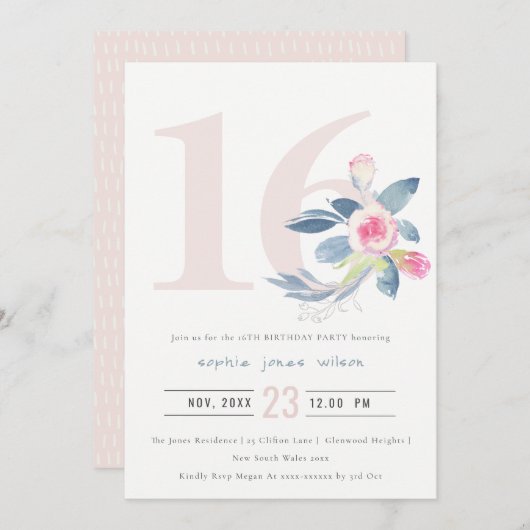 ソフトアクア赤面ブルーフローラ16TH ANY AGE誕生日 招待状 (正面/裏面)