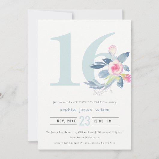ソフトアクア赤面ブルーフローラ16TH ANY AGE誕生日 招待状 (正面)