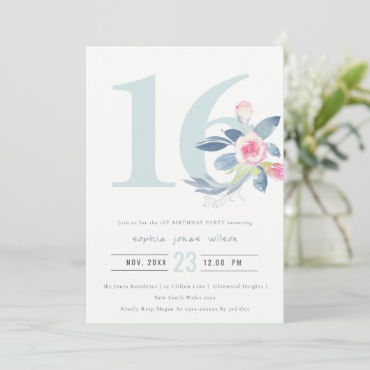 ソフトアクア赤面ブルーフローラ16TH ANY AGE誕生日 招待状 (スタンド正面)