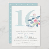 ソフトアクア赤面ブルーフローラ16TH ANY AGE誕生日 招待状 (正面/裏面)