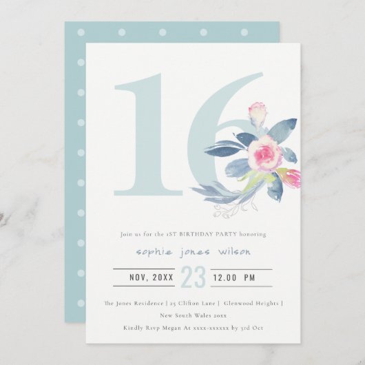 ソフトアクア赤面ブルーフローラ16TH ANY AGE誕生日 招待状 (正面/裏面)