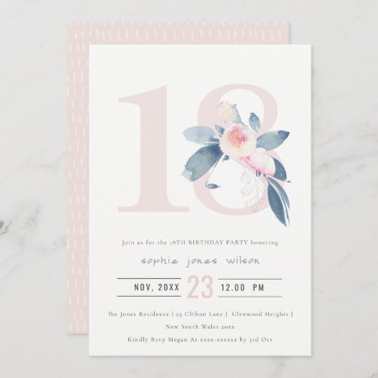 ソフトアクア赤面ブルーフローラ18TH ANY AGE誕生日 招待状 (正面/裏面)