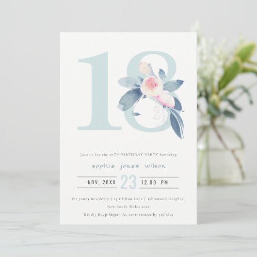 ソフトアクア赤面ブルーフローラ18TH ANY AGE誕生日 招待状 (スタンド正面)