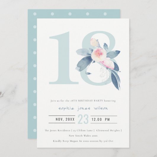 ソフトアクア赤面ブルーフローラ18TH ANY AGE誕生日 招待状 (正面/裏面)