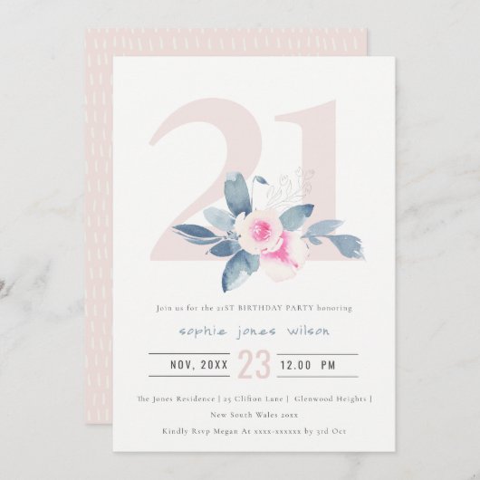 ソフトアクア赤面ブルーフローラ21ST ANY AGE誕生日 招待状 (正面/裏面)
