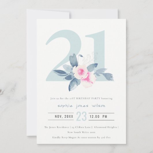 ソフトアクア赤面ブルーフローラ21ST ANY AGE誕生日 招待状 (正面)