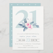 ソフトアクア赤面ブルーフローラ21ST ANY AGE誕生日 招待状 (正面/裏面)