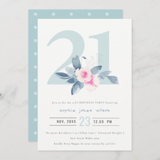 ソフトアクア赤面ブルーフローラ21ST ANY AGE誕生日 招待状 (正面/裏面)