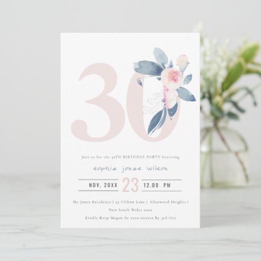 ソフトアクア赤面ブルーフローラ30TH ANY AGE誕生日 招待状 (スタンド正面)